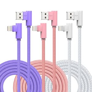 iphone charger 10ft 90 degree lightning cable [apple mfi certified] 3 pack long iphone cord right angle nylon braided iphone charging compatible with iphone14/13/12/11/xs/x/8/7/ipad/ipod(10feet)