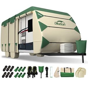 travel trailer cover 24-27ft, dikasun 600d oxford ripstop rv cover breathable anti-uv waterproof windproof camper cover with tire cover, tongue jack cover, gutter cover and extra long straps