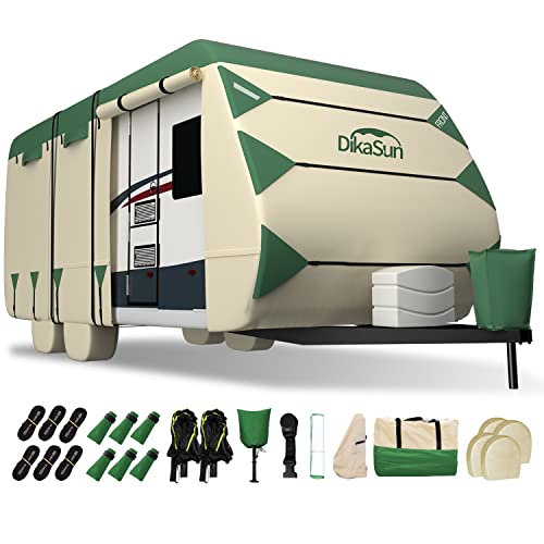 Travel Trailer Cover 24-27ft, DikaSun 600D Oxford Ripstop RV Cover Breathable Anti-UV Waterproof Windproof Camper Cover with Tire Cover, Tongue Jack Cover, Gutter Cover and Extra Long Straps