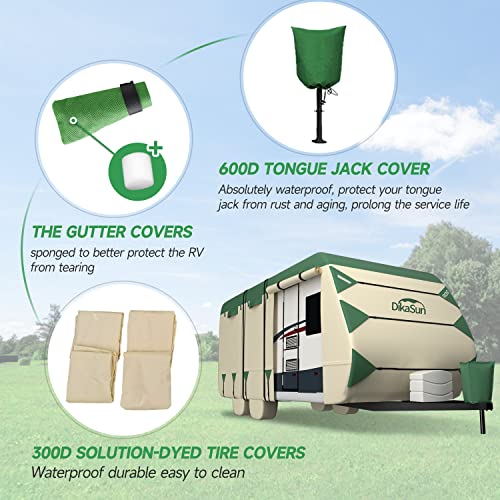 Travel Trailer Cover 24-27ft, DikaSun 600D Oxford Ripstop RV Cover Breathable Anti-UV Waterproof Windproof Camper Cover with Tire Cover, Tongue Jack Cover, Gutter Cover and Extra Long Straps