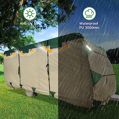 Travel Trailer Cover 24-27ft, DikaSun 600D Oxford Ripstop RV Cover Breathable Anti-UV Waterproof Windproof Camper Cover with Tire Cover, Tongue Jack Cover, Gutter Cover and Extra Long Straps