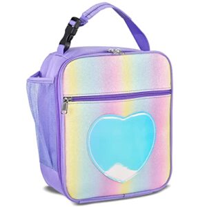 samhe lunch box for girls kids, insulated rainbow tote bag leakproof thermal cooler reusable lunch bag for school office outdoor (purple)