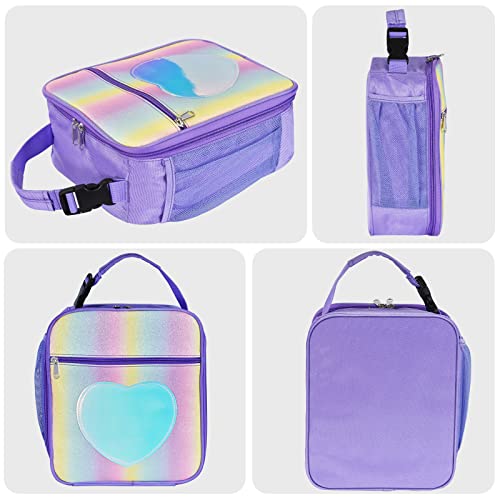 Samhe Lunch Box for Girls Kids, Insulated Rainbow Tote Bag Leakproof Thermal Cooler Reusable Lunch Bag for School Office Outdoor (Purple)