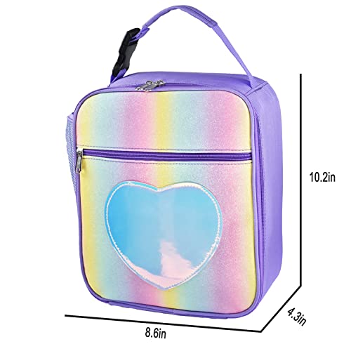 Samhe Lunch Box for Girls Kids, Insulated Rainbow Tote Bag Leakproof Thermal Cooler Reusable Lunch Bag for School Office Outdoor (Purple)