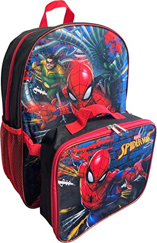 Ruz Spiderman Boys 16 Inch Backpack With Removable Matching Lunch Box Set (Black-Red)