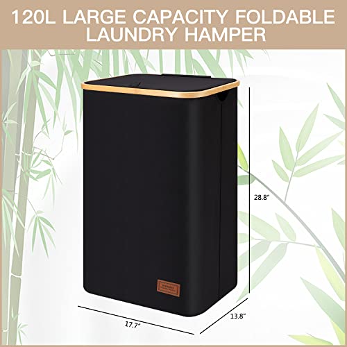 DOFASAYI Laundry Hamper with lid - 120L XL- Large Laundry Basket with Bamboo Handles, Portable Clothes Hamper for Dorm Room, Bathroom, bedroom, Grey foldable Hamper for Toys, closet, Clothing,Black