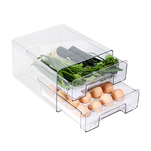 YCOCO Large Capacity Refrigerator 2 Tier With Lid Type Storage Box,Multi-Function Storage Drawer Container Organizer, with Removable Egg Tray and Drain Tray,Clear