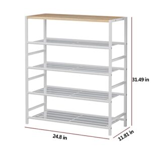 SUOERNUO Shoe Rack 5 Tier Storage Organizer Metal Shelves with MDF Top Board for Closet Entryway Bedroom Hallway Living Room (5-Tier White