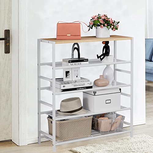 SUOERNUO Shoe Rack 5 Tier Storage Organizer Metal Shelves with MDF Top Board for Closet Entryway Bedroom Hallway Living Room (5-Tier White