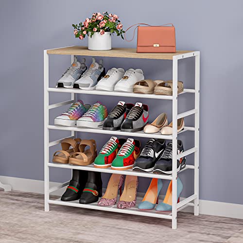 SUOERNUO Shoe Rack 5 Tier Storage Organizer Metal Shelves with MDF Top Board for Closet Entryway Bedroom Hallway Living Room (5-Tier White