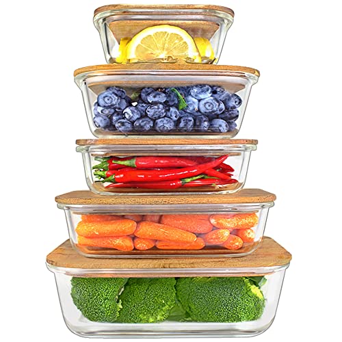 Urban Green Glass Food Container with Wood Lid, Glass food storage Container with Lids, Glass Meal Prep Containers Set, Glass Food Containers set (Wood Lid of 5 Pack)