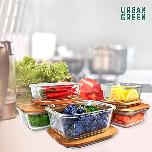 Urban Green Glass Food Container with Wood Lid, Glass food storage Container with Lids, Glass Meal Prep Containers Set, Glass Food Containers set (Wood Lid of 5 Pack)