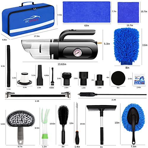 FCLUSLL 31PCS Car Interior Detailing Kit - Car Cleaning Kit with Portable Vacuum Cleaner, Tire Inflator, Mitt, Towels, Window Scraper, Detailing Brush, Storage Bag