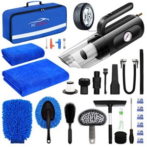 fclusll 31pcs car interior detailing kit - car cleaning kit with portable vacuum cleaner, tire inflator, mitt, towels, window scraper, detailing brush, storage bag
