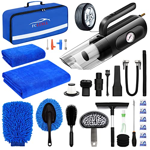 FCLUSLL 31PCS Car Interior Detailing Kit - Car Cleaning Kit with Portable Vacuum Cleaner, Tire Inflator, Mitt, Towels, Window Scraper, Detailing Brush, Storage Bag