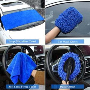 FCLUSLL 31PCS Car Interior Detailing Kit - Car Cleaning Kit with Portable Vacuum Cleaner, Tire Inflator, Mitt, Towels, Window Scraper, Detailing Brush, Storage Bag