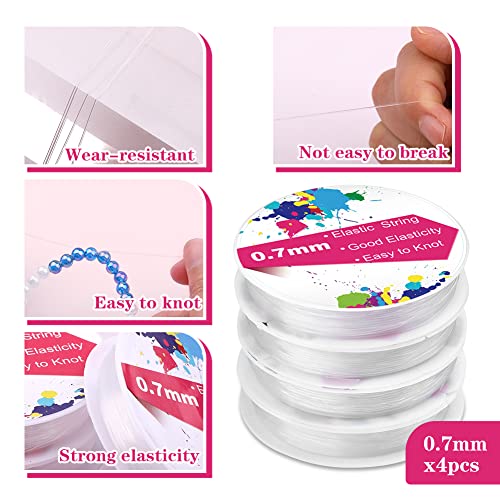 4 Rolls Elastic Stretch Thread for Bracelets, Transparent Beading String with 2 Sizes Big Eye Bead Needles and Needle Bottle, Clear Stretch Cord Thread for Jewelry Bracelet Necklace Making Wire(0.7mm)