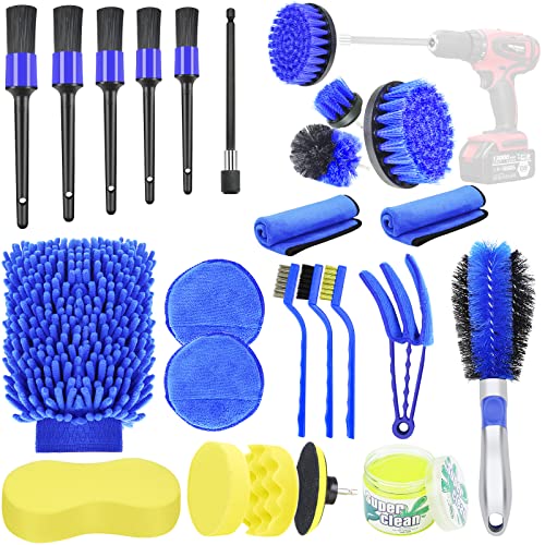 JAMIEWIN 25Pcs Car Detailing Brush Set, Car Detailing Kit, Auto Detailing Drill Brush Set Car Cleaning Tool Kit, Car Wash Brush for Interior,Exterior, Wheels, Dashboard