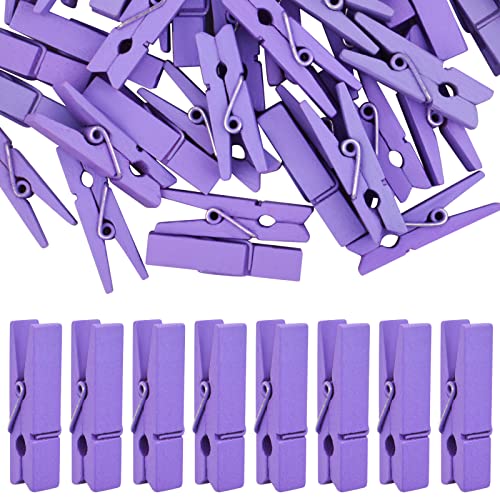 50pcs Purple Wooden Clothespins Mini Wood Paper Photo Clips Peg Pins Craft Clips for Wall Hanging Pictures Clothing Jewelry Items Home Party Wedding Decor