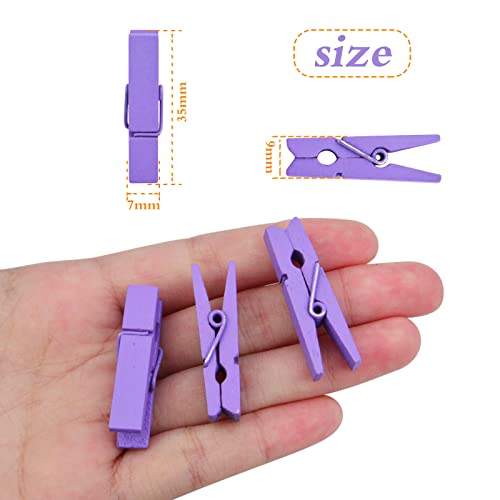 50pcs Purple Wooden Clothespins Mini Wood Paper Photo Clips Peg Pins Craft Clips for Wall Hanging Pictures Clothing Jewelry Items Home Party Wedding Decor