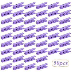 50pcs Purple Wooden Clothespins Mini Wood Paper Photo Clips Peg Pins Craft Clips for Wall Hanging Pictures Clothing Jewelry Items Home Party Wedding Decor