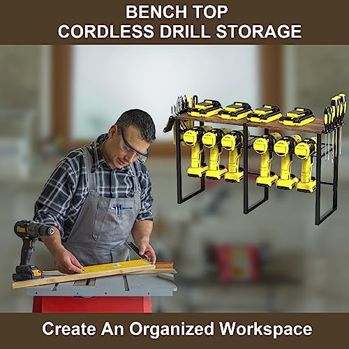 OUSHENG Bench Top Power Tool Organizer, Garage Organization and Storage, 6 Drill Holder, Heavy Duty Metal Cordless Tool Utility Rack for Workbench, Workshop, Gifts for Husband Men Dad Father Him