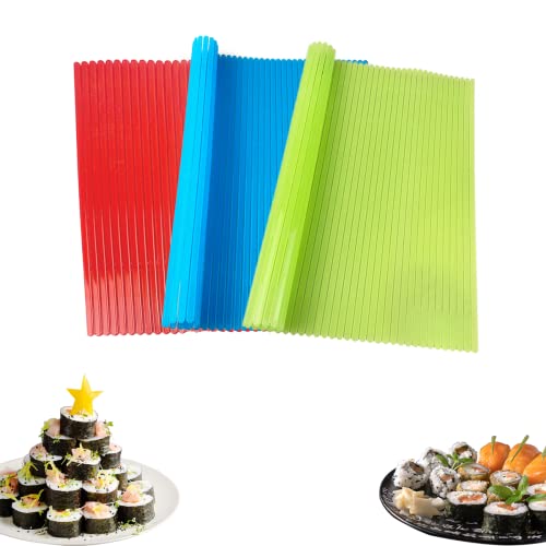 Esamploe 3 PCS Sushi Rolling Mat,8.27in x 9.06in Sushi Mat Plastic,Non-Stick Sushi Making Mat,Red, Green and Blue Sushi Mats,Durable Sushi Mat Roller for Home-Made DIY Sushi