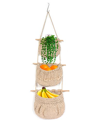 MOVNO Hanging Fruit Basket, Handmade Macrame Hanging Basket, Decorative Macrame Fruit Basket Hanging, Space Saving Boho Fruit Basket, Perfect for Kitchen/Room/Living Room Organization Storage