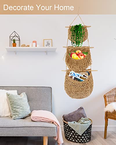 MOVNO Hanging Fruit Basket, Handmade Macrame Hanging Basket, Decorative Macrame Fruit Basket Hanging, Space Saving Boho Fruit Basket, Perfect for Kitchen/Room/Living Room Organization Storage