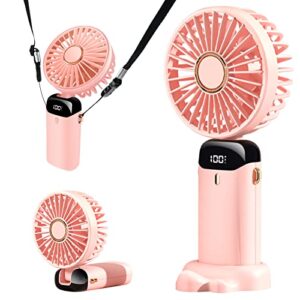 yoshenmo mini handheld fan,portable personal desk fan 5 speed adjustable,5000mah battery operated rechargeable usb quiet cooling fans with base for women girls kids outdoor hiking camping trip(pink)