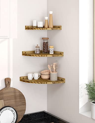 Godimerhea Floating Corner Shelves for Wall, Rustic Solid Wood Wall Mounted Set of 3, Display Hanging Decor Kitchen Storage Heavy Duty Corner Shelf for Living Room Bedroom Bathroom, Brown