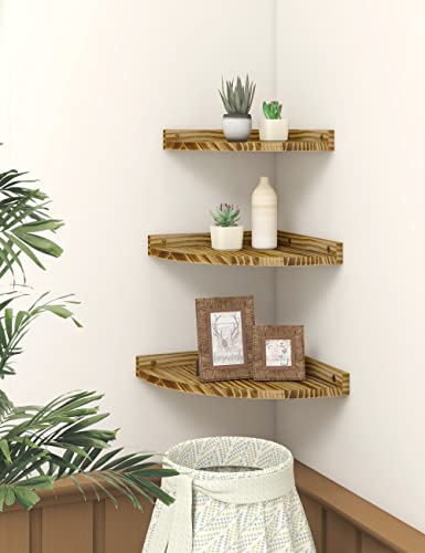 Godimerhea Floating Corner Shelves for Wall, Rustic Solid Wood Wall Mounted Set of 3, Display Hanging Decor Kitchen Storage Heavy Duty Corner Shelf for Living Room Bedroom Bathroom, Brown