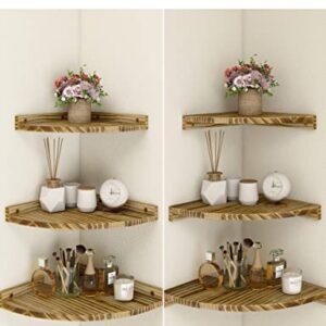 Godimerhea Floating Corner Shelves for Wall, Rustic Solid Wood Wall Mounted Set of 3, Display Hanging Decor Kitchen Storage Heavy Duty Corner Shelf for Living Room Bedroom Bathroom, Brown