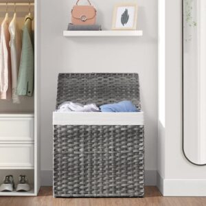 SONGMICS 130L Clothes Hamper with Lid, 2 Removable Liner Bags & 6 Mesh Bags, Wicker, Double Laundry Basket for Bathroom, 13 x 26 x 23.6 Inches, Gray ULCB253G01