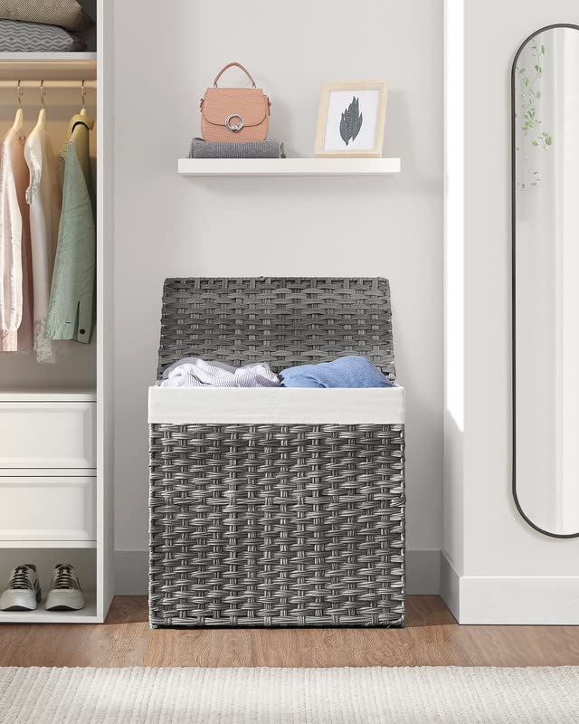 SONGMICS 130L Clothes Hamper with Lid, 2 Removable Liner Bags & 6 Mesh Bags, Wicker, Double Laundry Basket for Bathroom, 13 x 26 x 23.6 Inches, Gray ULCB253G01