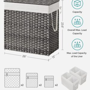 SONGMICS 130L Clothes Hamper with Lid, 2 Removable Liner Bags & 6 Mesh Bags, Wicker, Double Laundry Basket for Bathroom, 13 x 26 x 23.6 Inches, Gray ULCB253G01