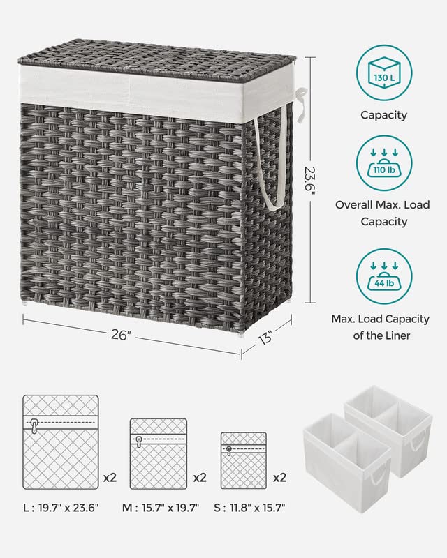 SONGMICS 130L Clothes Hamper with Lid, 2 Removable Liner Bags & 6 Mesh Bags, Wicker, Double Laundry Basket for Bathroom, 13 x 26 x 23.6 Inches, Gray ULCB253G01