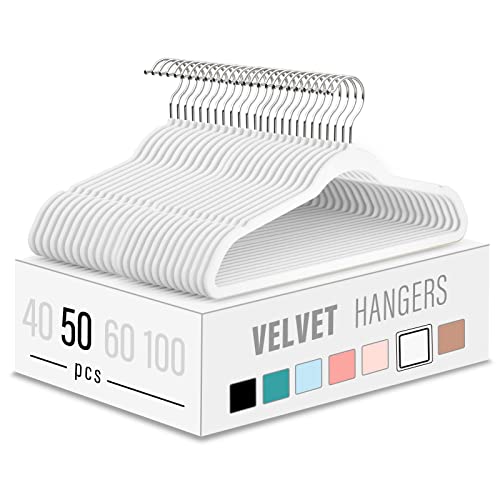 Velvet Clothes Hangers (50 Pack) Heavy Duty Durable Suit Hanger Vibrant Color Hangers Lightweight Space Saving Coat Hangers for Closet -White