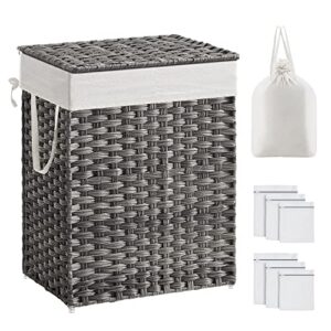 songmics laundry hamper with lid, 90l laundry basket with 2 removable liner bags & 6 mesh bags, poly rattan laundry hamper bathroom, 13 x 18.1 x 23.6 inches, gray ulcb251g01