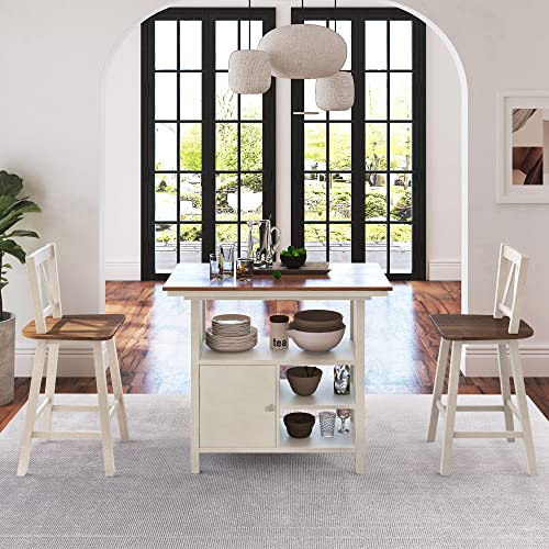 Merax Farmhouse 3-Piece Wooden Kitchen Counter Height Dining Table Set with Storage Cabinet and Shelves for Small Places, Walnut+Distressed White