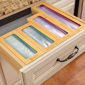 Ziplock Bag Organizer for Kitchen Drawer, 4 PACK Storage Bag Organizer ,Bamboo Food Storage Bag Holder Compatible with Ziploc, Solimo, Glad, Hefty, for Gallon, Quart, Sandwich & Snack Variety Size Bag (Natural)