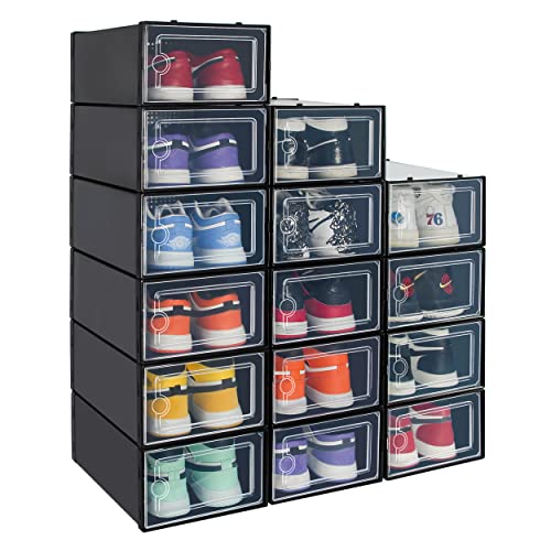 Hrrsaki 15 Pack Shoe Storage Boxes, Black Plastic Stackable Shoe Organizer Boxes with Front Opening Lids, Ventilation and Dust-proof, Shoe Container Boxes for Closet, Bedroom, Bathroom, Fit for Women/Men Size 9(13” x 9” x 5.5”)