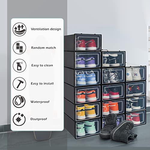 Hrrsaki 15 Pack Shoe Storage Boxes, Black Plastic Stackable Shoe Organizer Boxes with Front Opening Lids, Ventilation and Dust-proof, Shoe Container Boxes for Closet, Bedroom, Bathroom, Fit for Women/Men Size 9(13” x 9” x 5.5”)