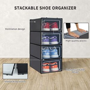 Hrrsaki 15 Pack Shoe Storage Boxes, Black Plastic Stackable Shoe Organizer Boxes with Front Opening Lids, Ventilation and Dust-proof, Shoe Container Boxes for Closet, Bedroom, Bathroom, Fit for Women/Men Size 9(13” x 9” x 5.5”)