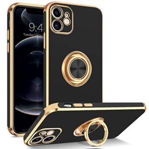 bentoben iphone 12 case, slim lightweight 360° ring holder kickstand support car mount shockproof women men non-slip protective case for iphone 12 6.1", black/gold