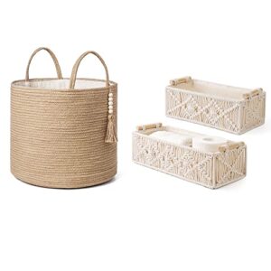mkono jute woven storage basket and 2pcs macrame storage baskets boho decor for bedroom, dorm, living room, bathroom