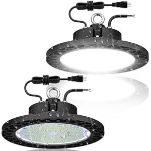 2pack 200w ufo led high bay lights 5000k daylight super bright 34658lm dimmable 0-10v commercial shop lighting fixture 100-277v with 5'cable us plug warehouse light ip65 waterproof workshop area lamp