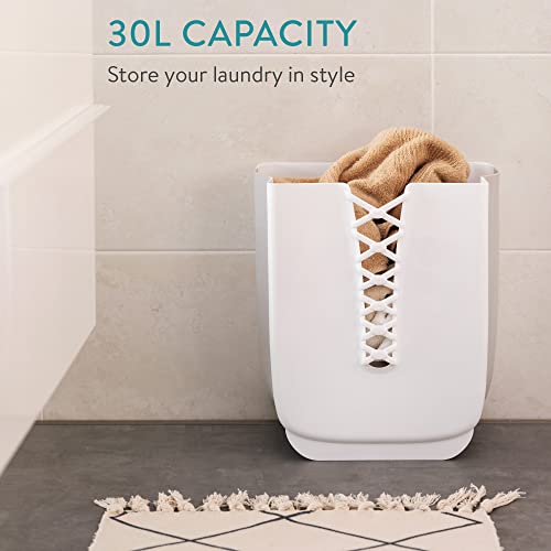 Navaris Collapsible Plastic Laundry Basket - Hanging Hamper for Bathroom, Small Spaces - Wall Mounted Storage Large 30L (7.9 Gallon) Capacity - White