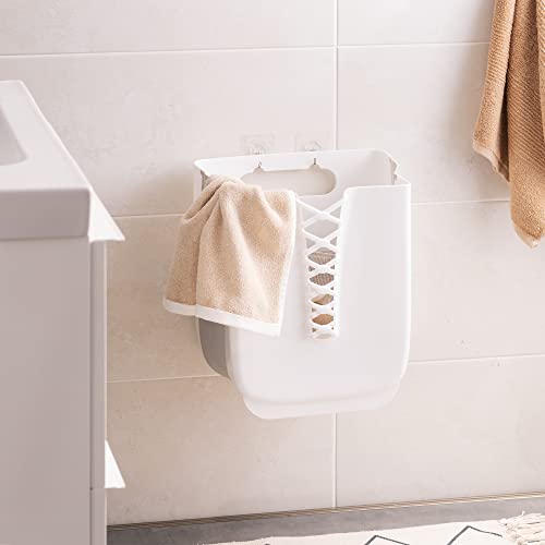 Navaris Collapsible Plastic Laundry Basket - Hanging Hamper for Bathroom, Small Spaces - Wall Mounted Storage Large 30L (7.9 Gallon) Capacity - White