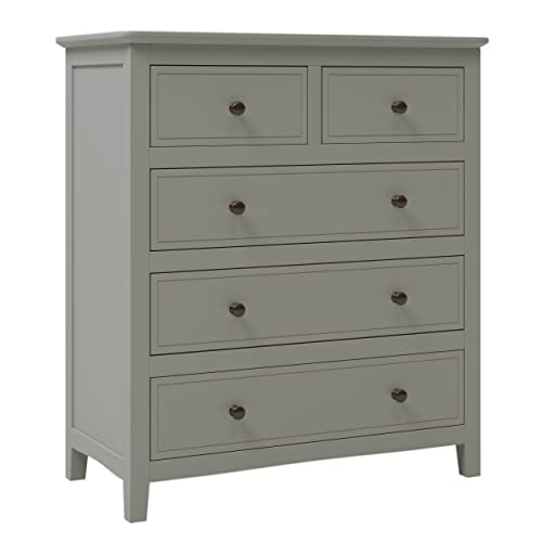 Modern Dresser Chest of Drawer, 5 Drawer Double Dresser with Silver Round Handles, Fully Assembled Storage Tower Clothes Organizer, Wood Dressers for Bedroom/Living Room/Hallway, Gray Wood Closet